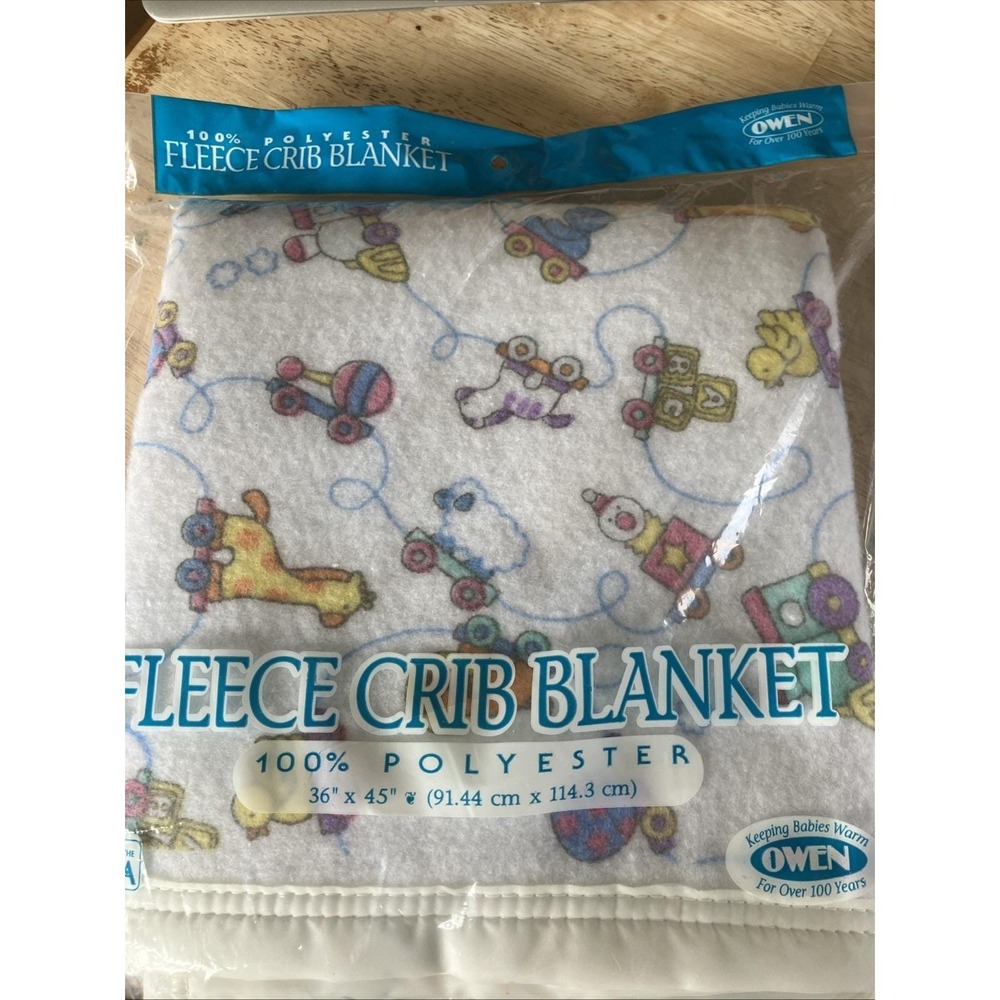Owen fleece crib blanket 100% polyester blue and pink Toys 36" x 45" Vintage NOS